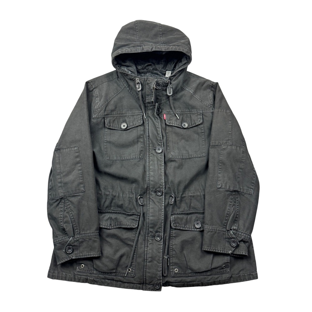 Levis Womens 1X Black Hooded Field Jacket Quilted Utility Cargo Parka Coat